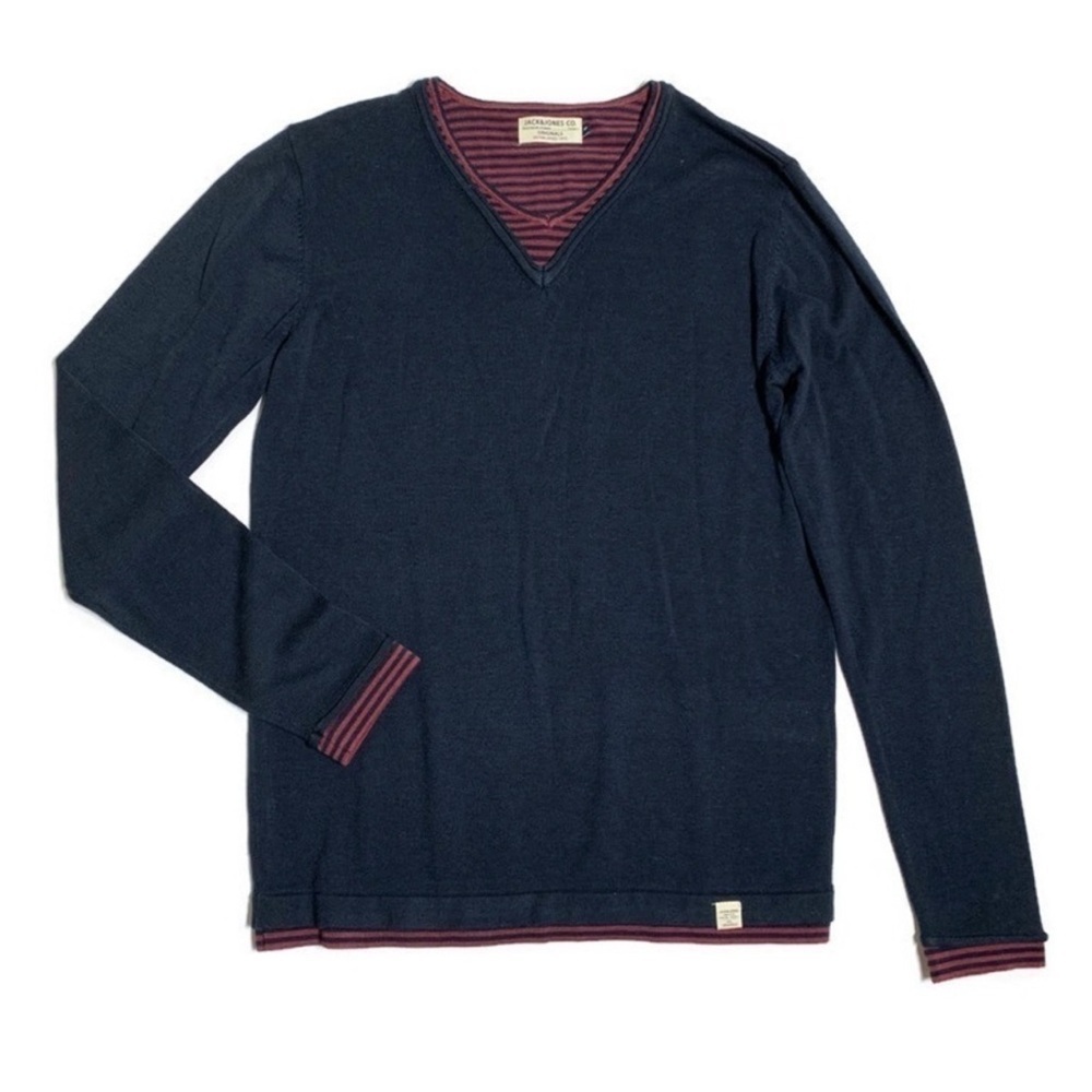 Jack and‎ Jones Dark Blue V-Neck Sweater with burgundy trim